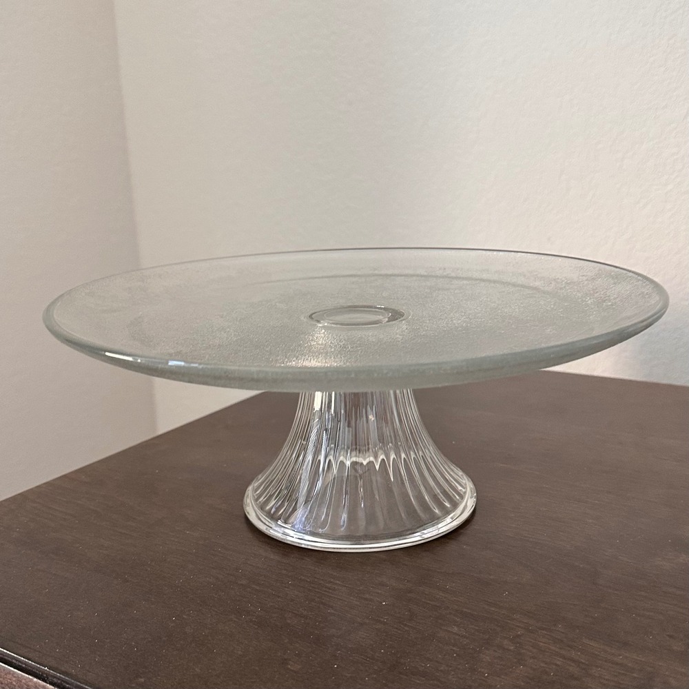 Vintage Anchor Hocking Clear Glass Cake Stand Pedestal Ribbed Base Frosted‎ Top